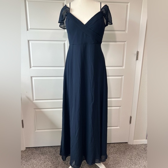 Birdie Grey MD Spence Navy Blue Sheer Cold Shoulder Bride's Maid Maxi‎ Dress - Picture 4 of 13